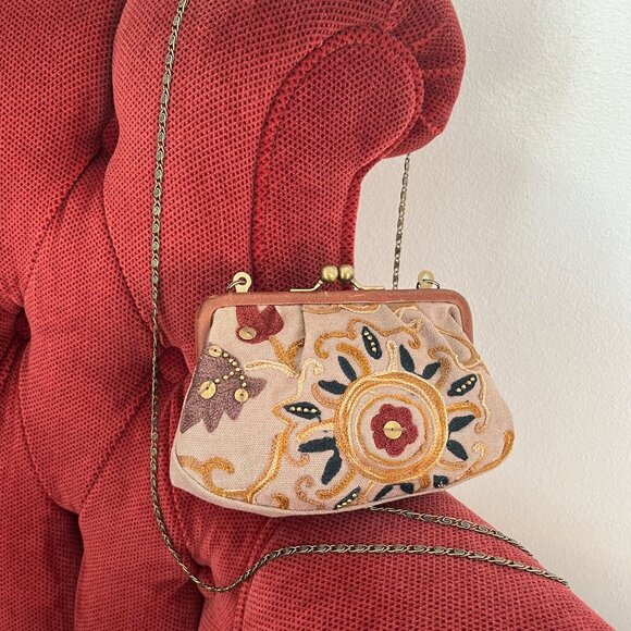 FOSSIL Crewel Frame Mini Multicolor Kisslock Clutch Canvas Crossbody Purse - Picture 16 of 16